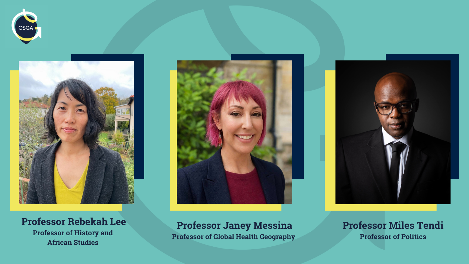 Teal blue graphic with photos of Rebekah Lee, Janey Messina and Miles Tendi