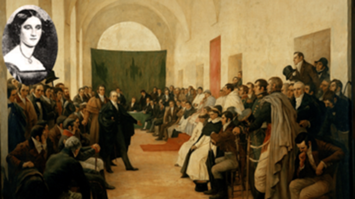 A painting of a man presenting to a large audience