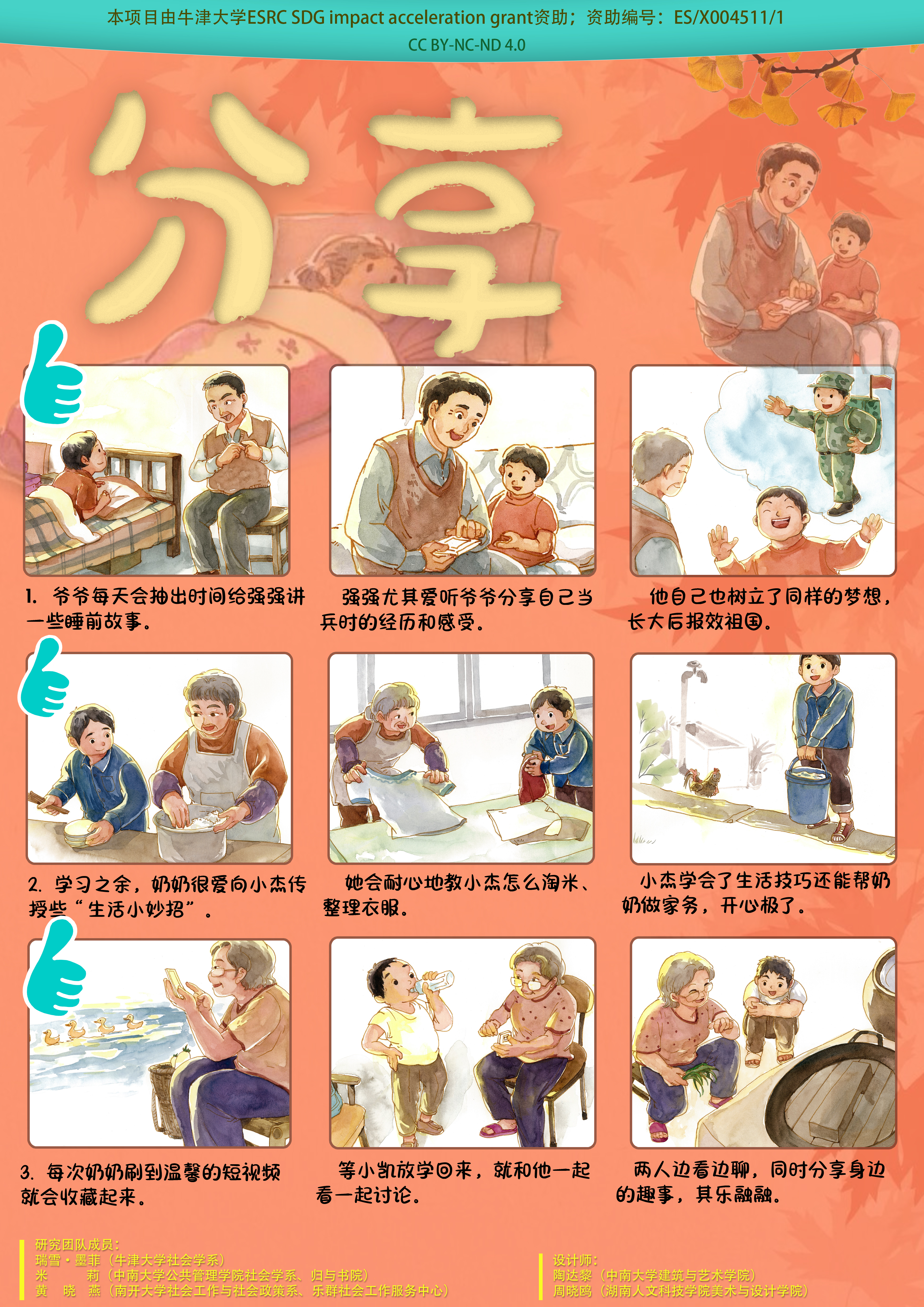 An image of a board game to consolidate learning and encourage quality time between grandparents and grandchildren. There are 9 illustrations depicting different activities together.