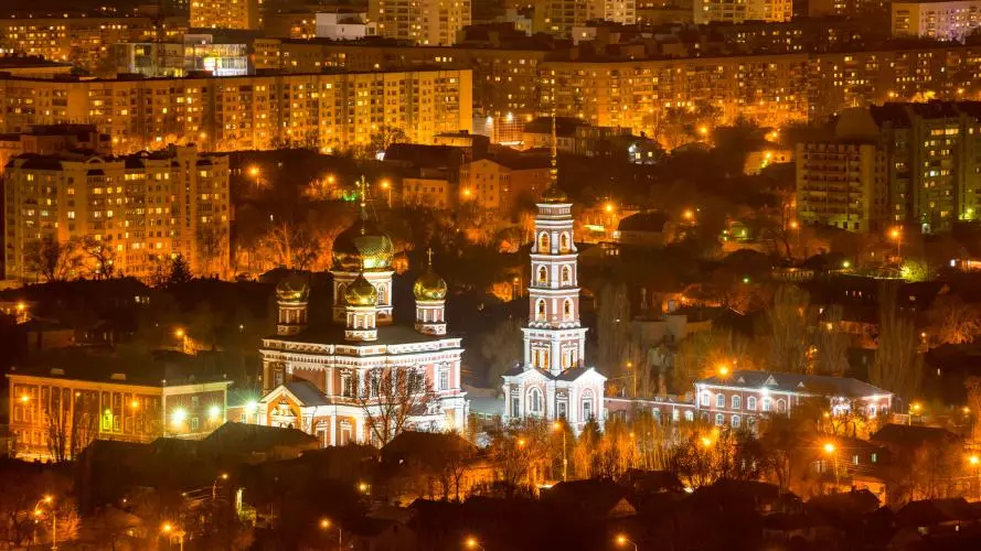 View of cape of russian Church Intercession Holy Virgin, Russia, Saratov at night