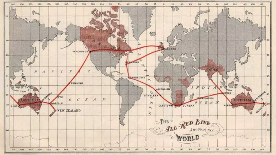 A world map showing the All Red Line linking Australia, New Zealand, Vancouver, London, Bermuda, Barbados, Cape Town, Durban, Cocos, Mauritius and Keeling Islands. The global territories of the British Empire are shaded red, the rest of the continents are shaded grey. 