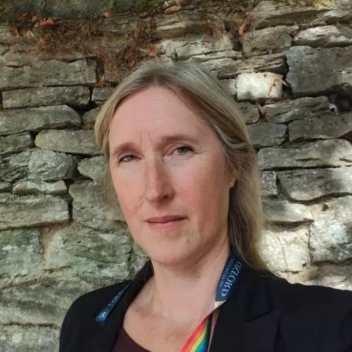 Dr Eklund has long blond hair and is wearing a dark blazer, standing in front of an old brick wall