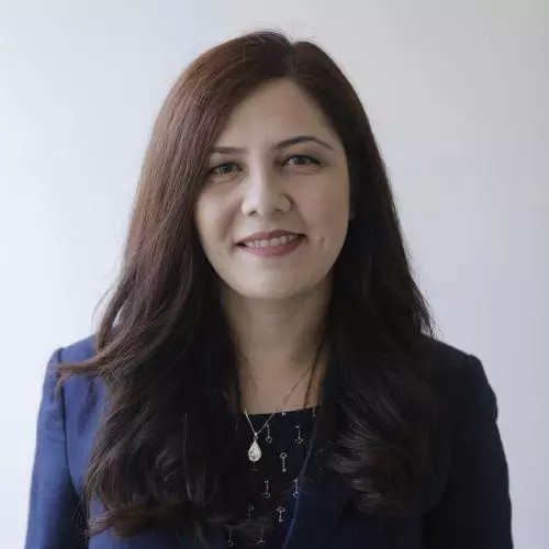 Professor Govella has long dark hair. She is wearing a navy dress and blazer. 
