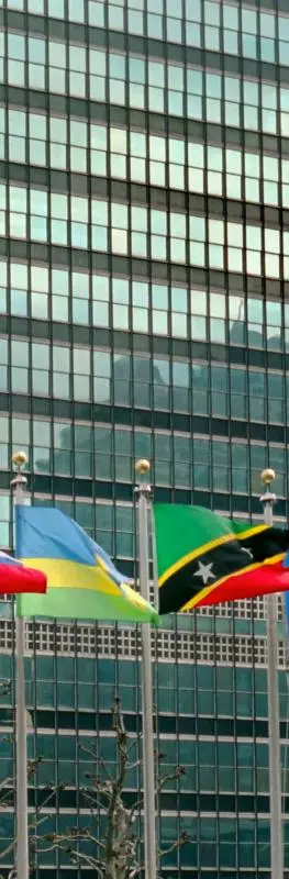 World flags on high flagpoles standing against a glass building.
